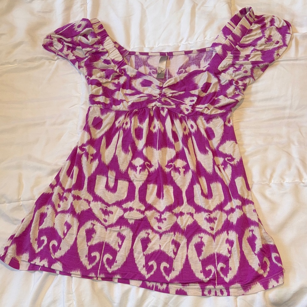 Lush fuchsia and cream babydoll top with elastic shoulder